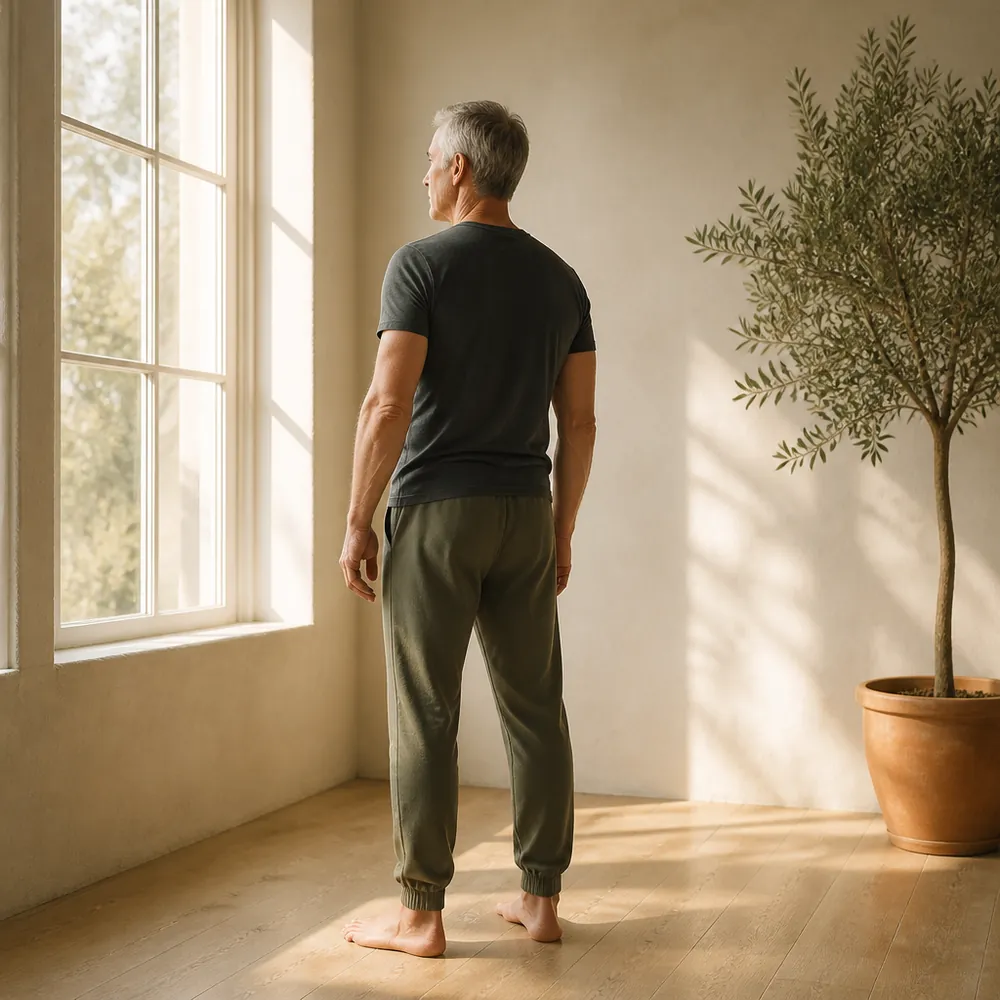 A man standing tall and relaxed by a sunlit window in a quiet room, an olive tree beside him.