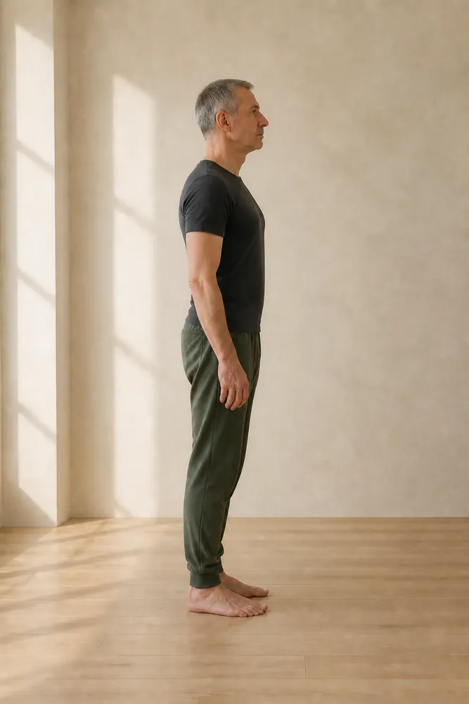 Side view of the same man standing tall, shoulders back and head stacked over his spine.