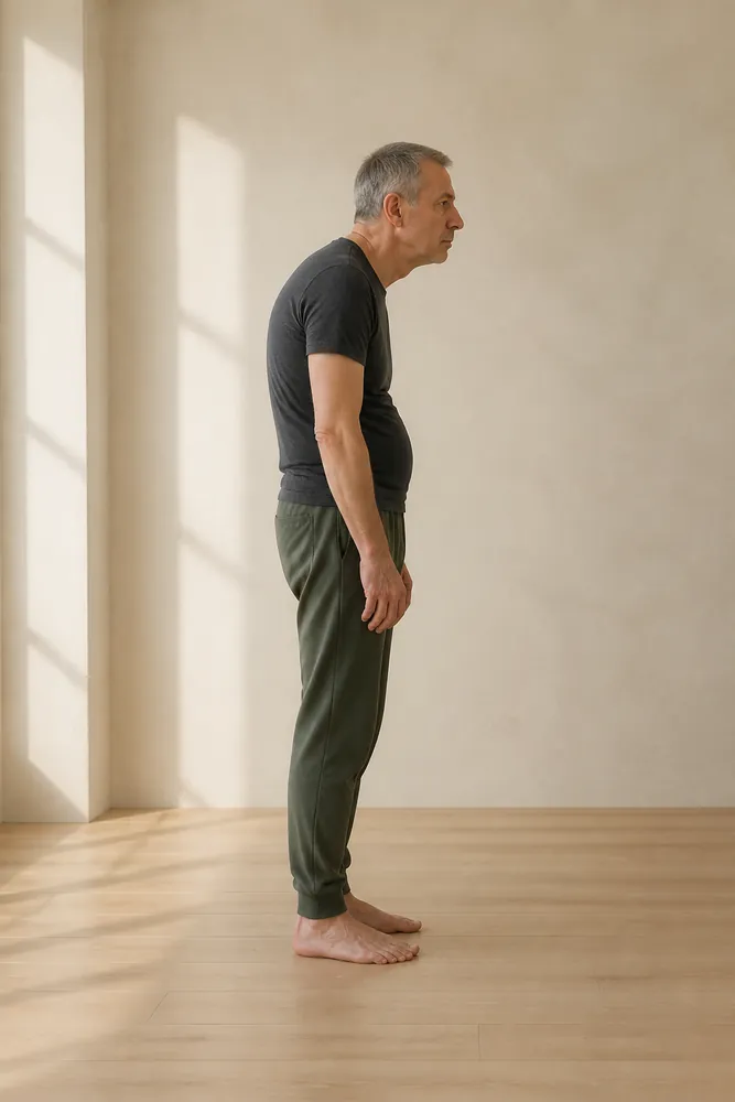 Side view of a man standing with rounded shoulders and head carried forward.