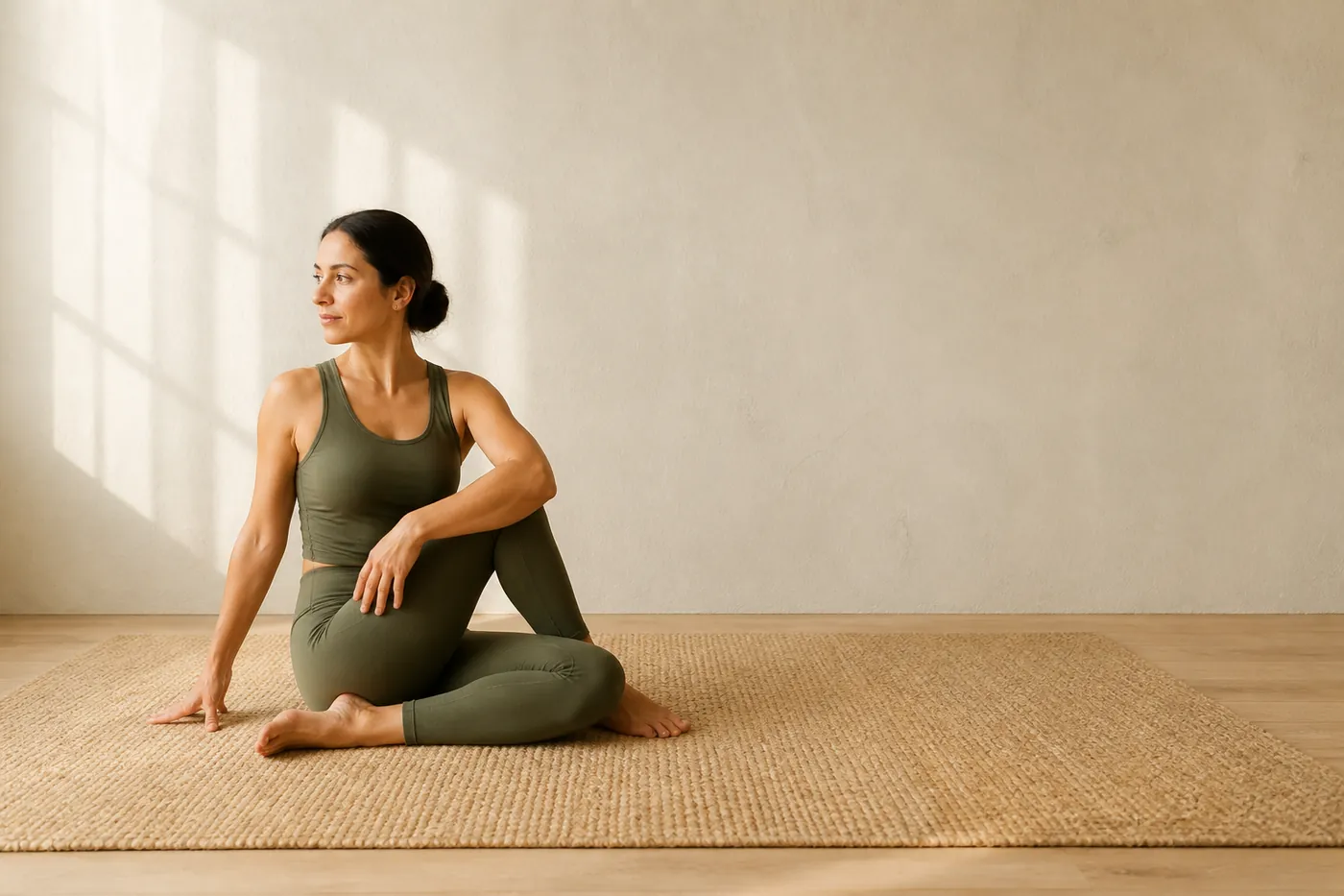 A woman in olive activewear sitting on a jute mat in a seated spinal twist, in soft daylight.