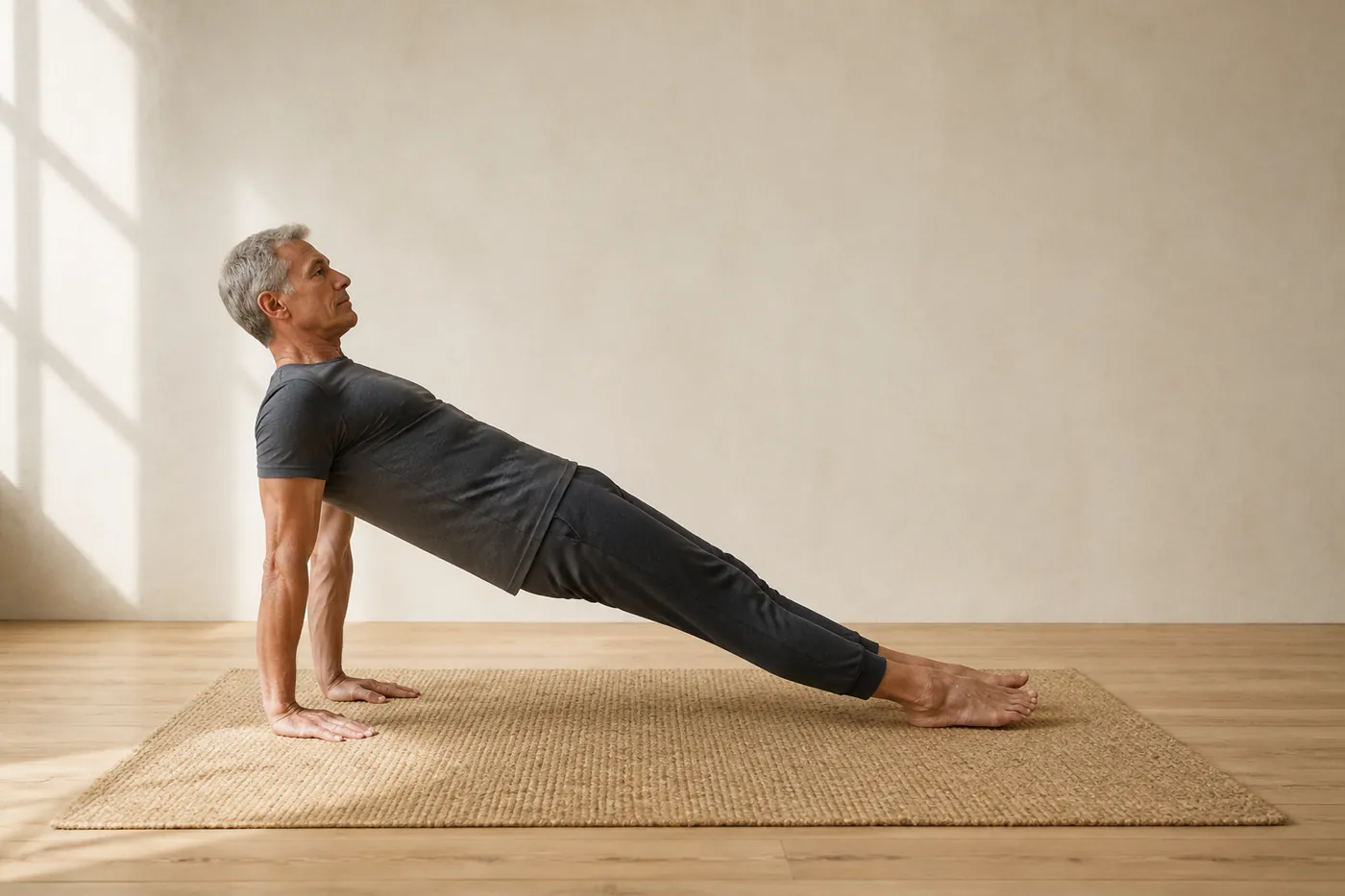 A man holding a reverse plank on a jute mat, chest open, in a bright room.