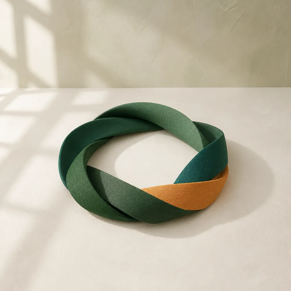 A ring of woven green and amber ribbon resting in soft daylight — the shape of a session closed.